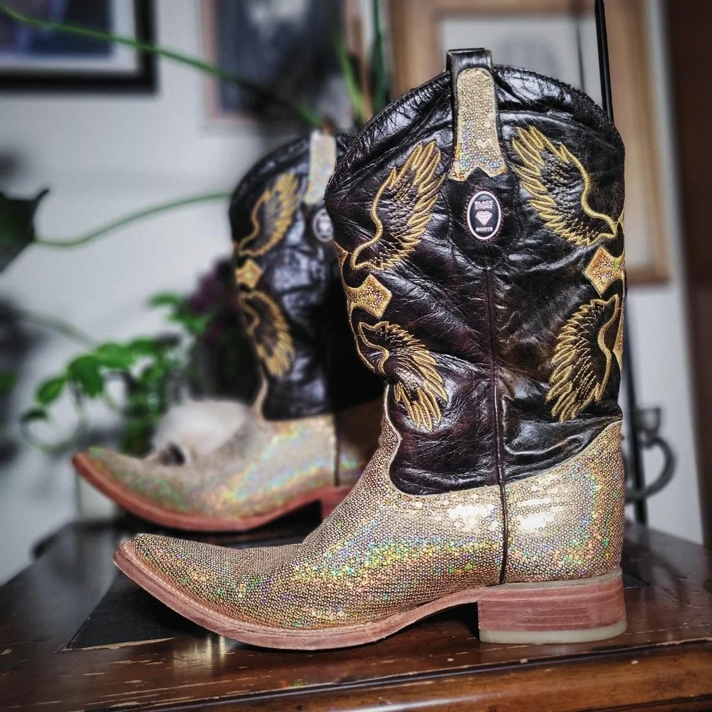 Vintage Y2K Black Stone Cowboy Boots Eagle Sequin Western Mexico Leather Mens 11